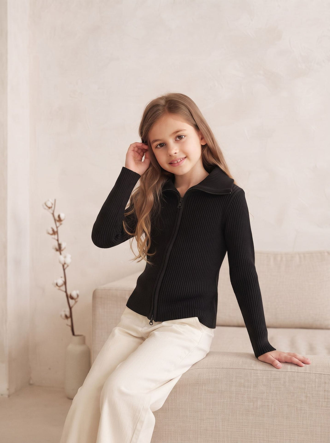 Girls' Ribbed Zipper Knit Cardigan Sweater Coat
