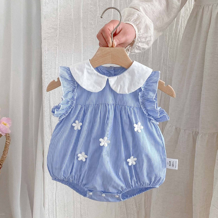 Baby girl summer sleeveless blue&white striped lapel romper