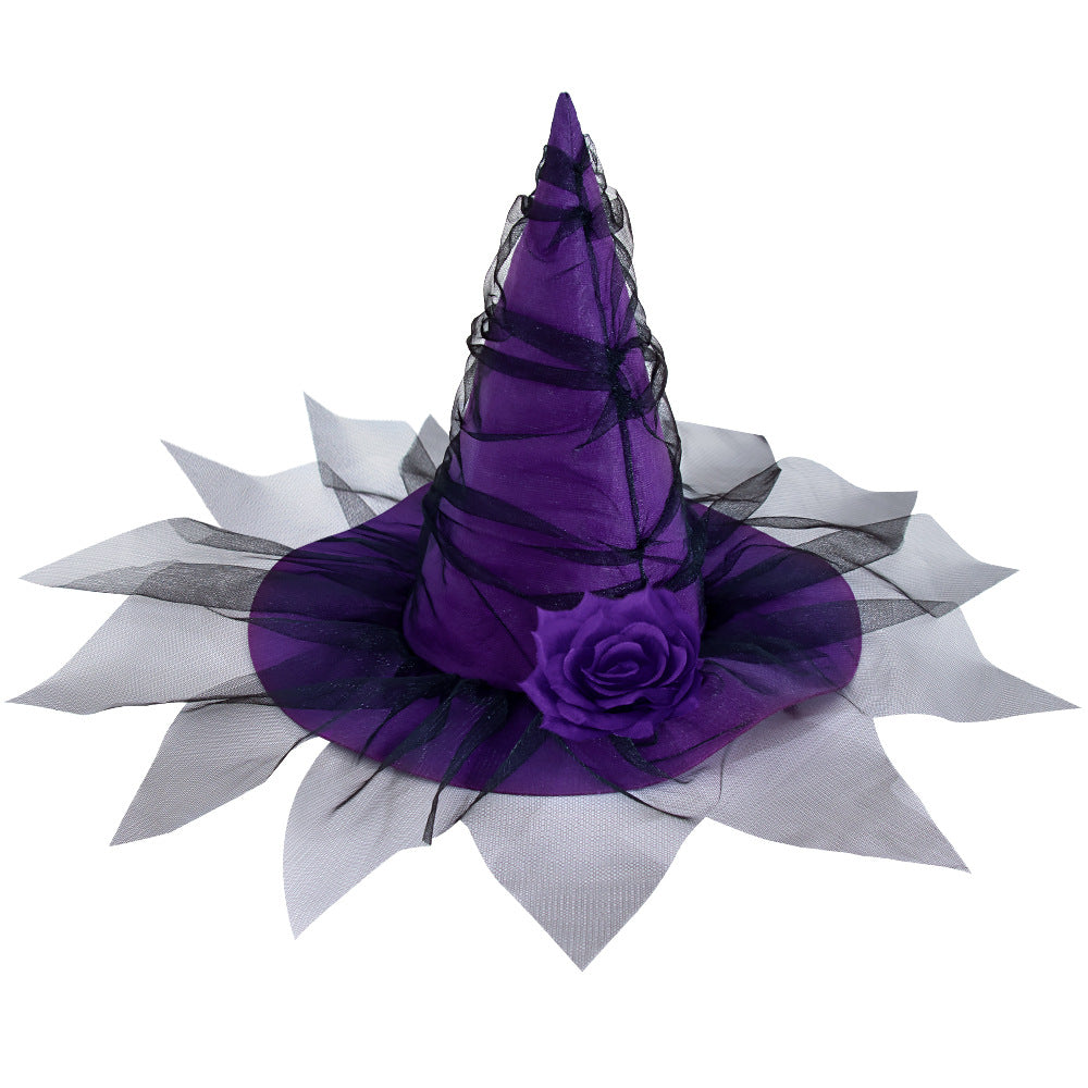 Halloween Mesh flower Witch Hat Halloween Party Witch Hat