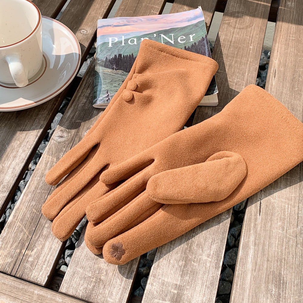 Solid color button design warm fleece lined gloves