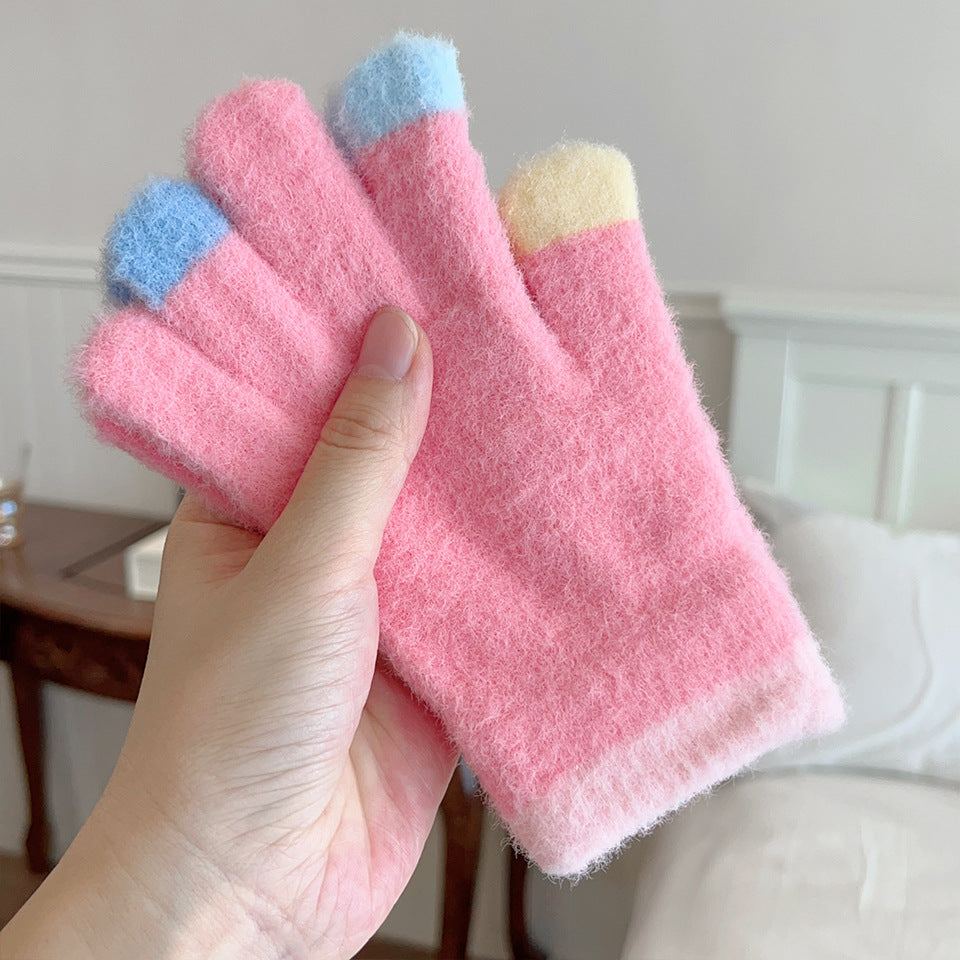 Colorful macaron warm gloves students five fingers gloves