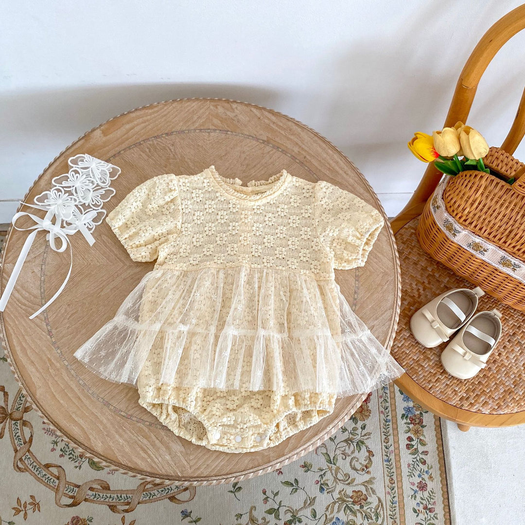 Baby Flower jacquard romper with lace mesh