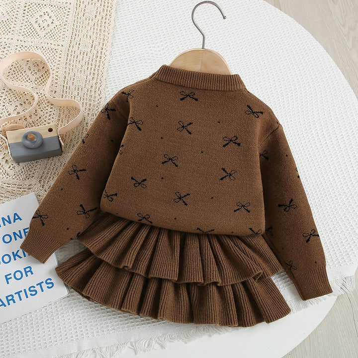 Girls knitted pullover bow sweater &cake skirt 2pcs set