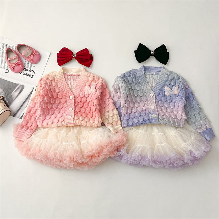 Gradient colorful knitted cardigan&tutu skirt 2pcs set