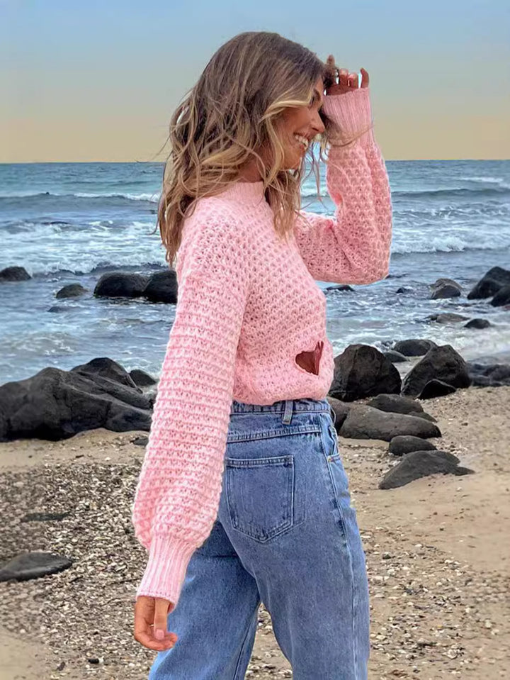 Valentine's Sweet hollowed heart cropped knit sweater