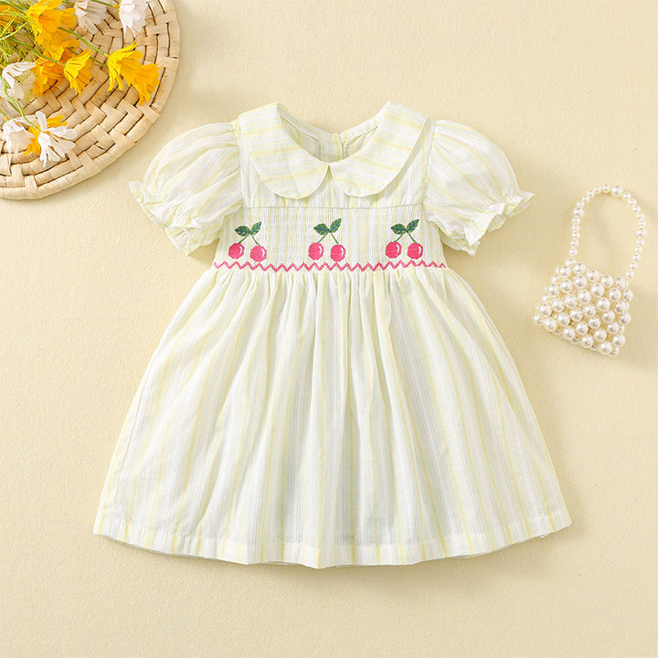 Cute embroidered cherry princess smocked dress