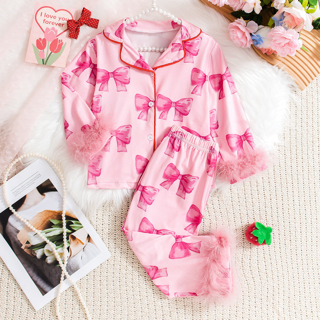 Christmas Bow print pajamas sleepwear set with feather deco