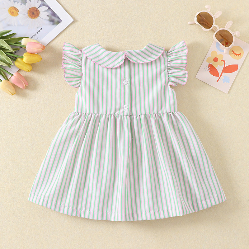 Pink&Green Striped smocked dress with Hot Air Balloon Embroidery