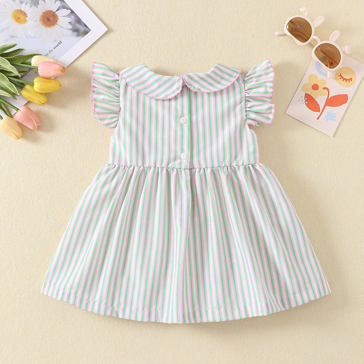 Pink&Green Striped smocked dress with Hot Air Balloon Embroidery