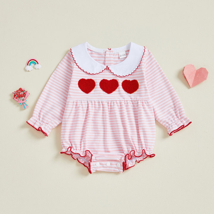 Baby Valentine's heart embroidered pink striped romper onesie