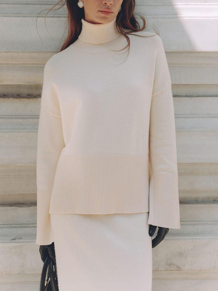 Women's retro Turtleneck Knitted sweater&slit skirt suit