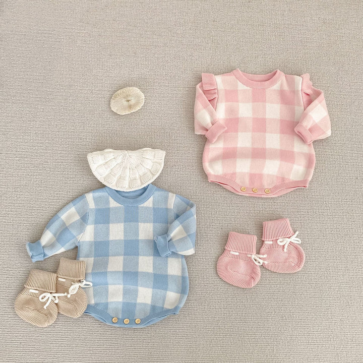 Plaid Jacquard Long Sleeve Knitted Romper for baby