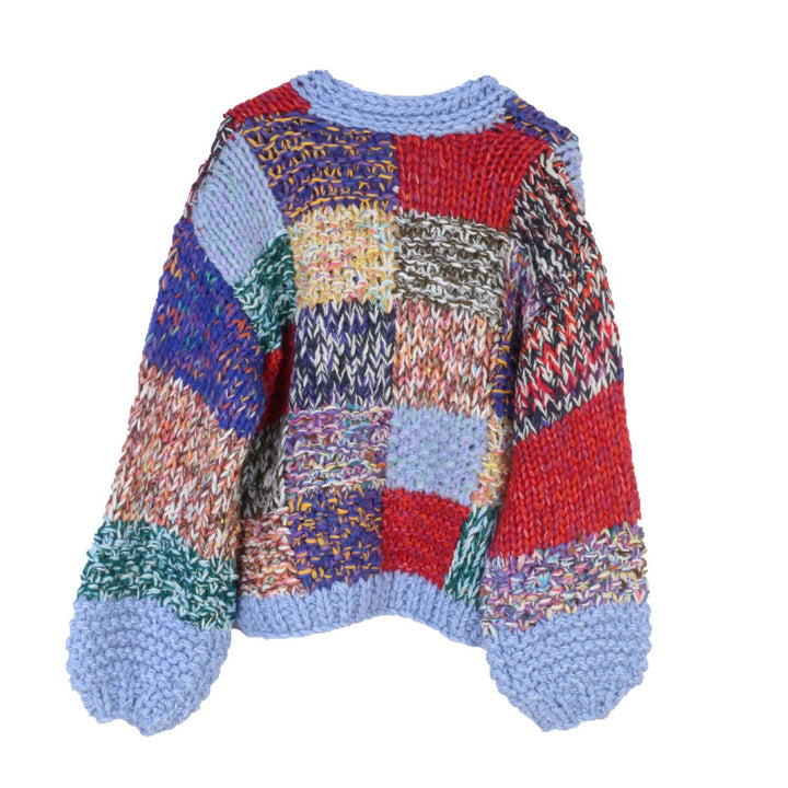 Loose color patchwork V-neck knitted sweater cardigan