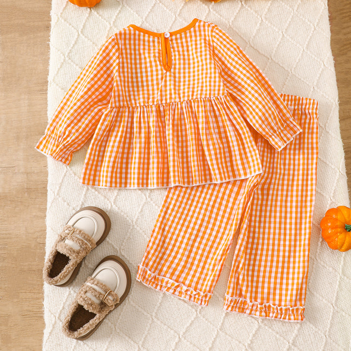 Halloween ghost embroidery plaid ruffle top&pant set