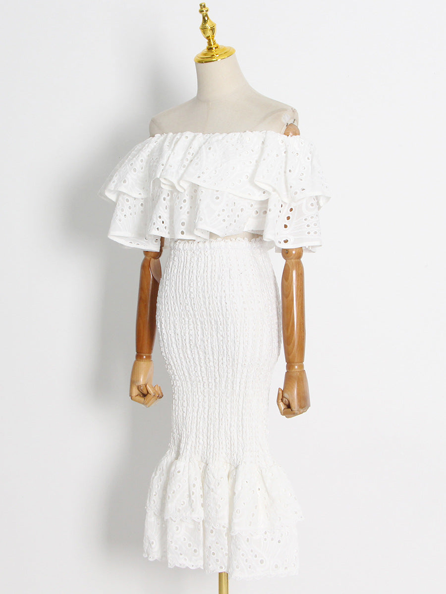 Women's ruffle one-shoulder top& Fishtail hip skirt
