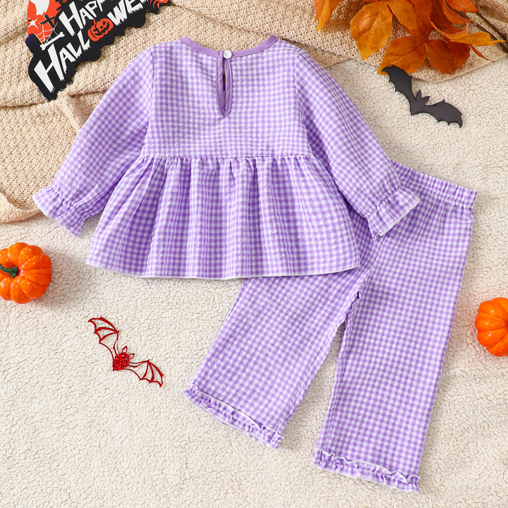 Halloween ghost embroidery plaid ruffle top&pant set