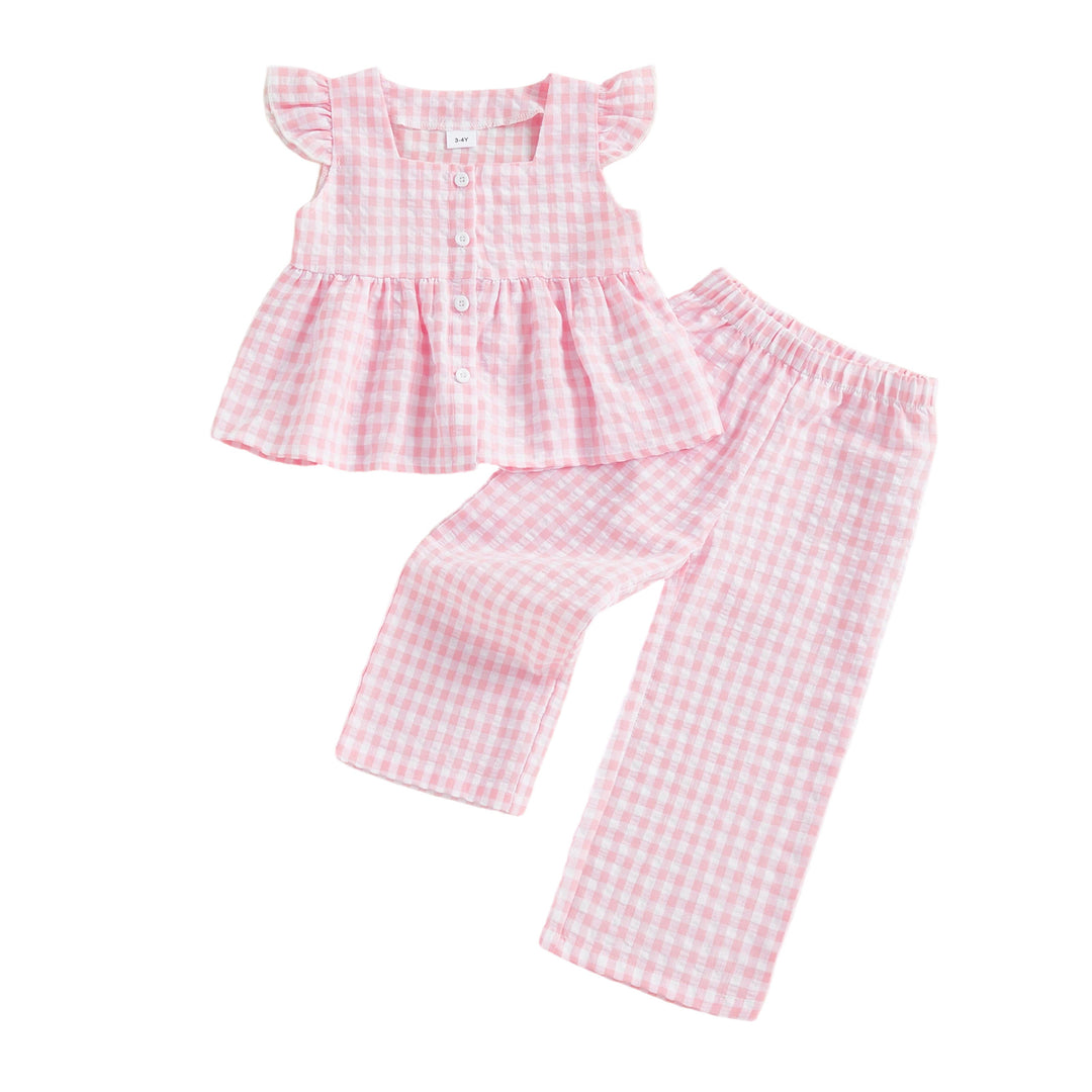 Girls' cotton plaid button ruffle to&pants 2pcs set