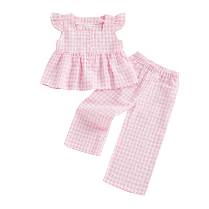 Girls' cotton plaid button ruffle to&pants 2pcs set
