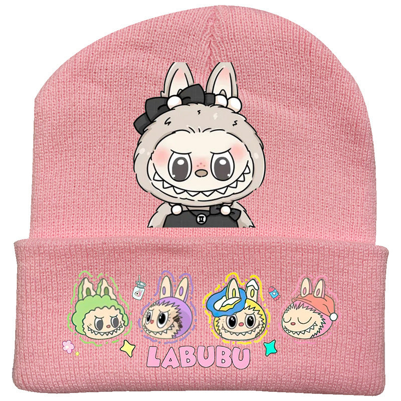 Cute monster printed knitted beanie hat-pink