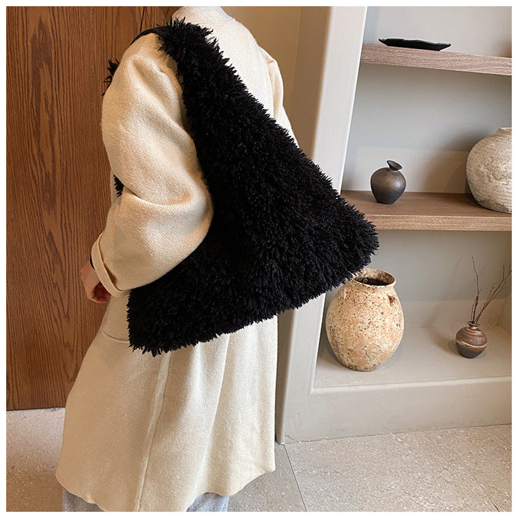 Large capacity plush bag solid color furry shoulder bag
