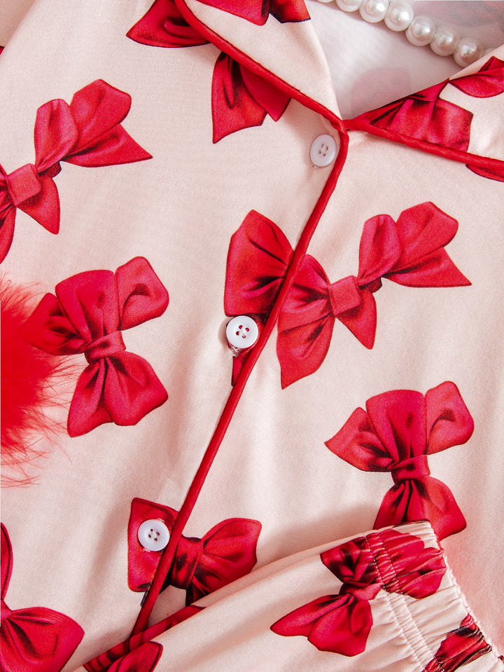 Christmas Bow print pajamas sleepwear set with feather deco