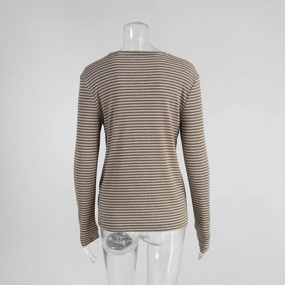 Striped slim round neck cotton bottoming shirt for women