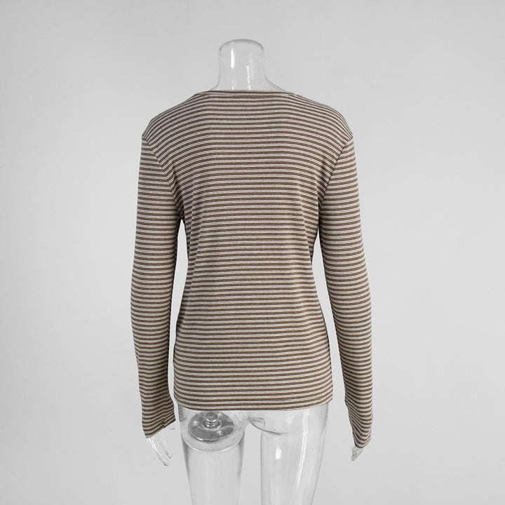 Striped slim round neck cotton bottoming shirt for women