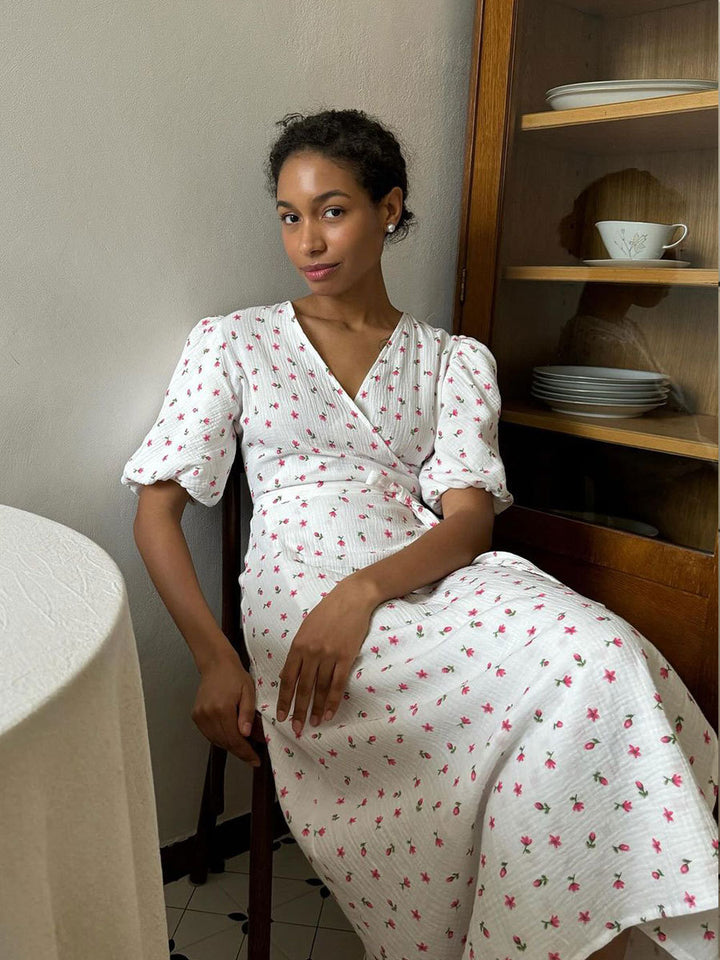 Cotton crepe puff sleeve V-neck lace-up floral dress