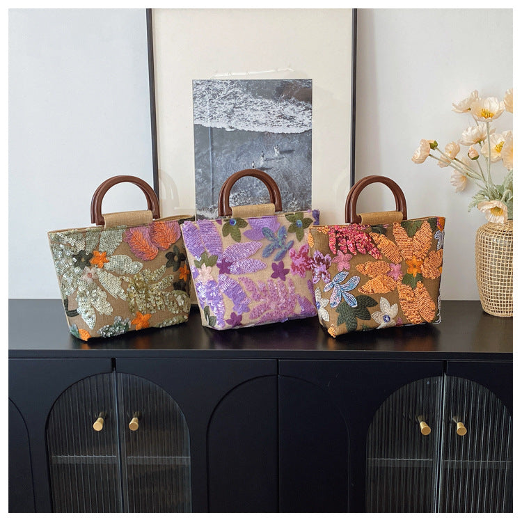 Colorful Sequins floral Mesh Embroidered Jacquard Tote bag
