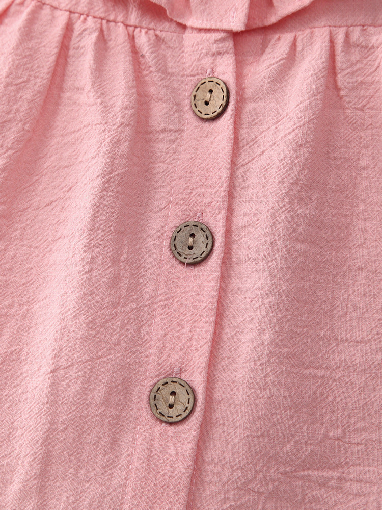 Girls summer cotton and linen button ruffle dress