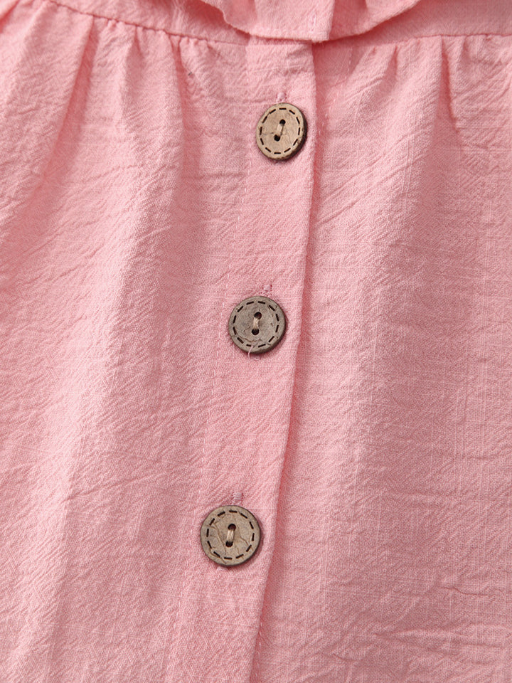 Girls summer cotton and linen button ruffle dress