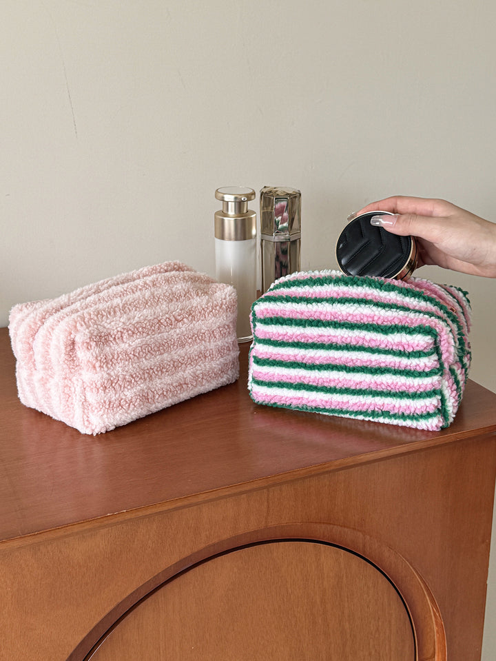 Contrast stripes large capacity furry cosmetic bag