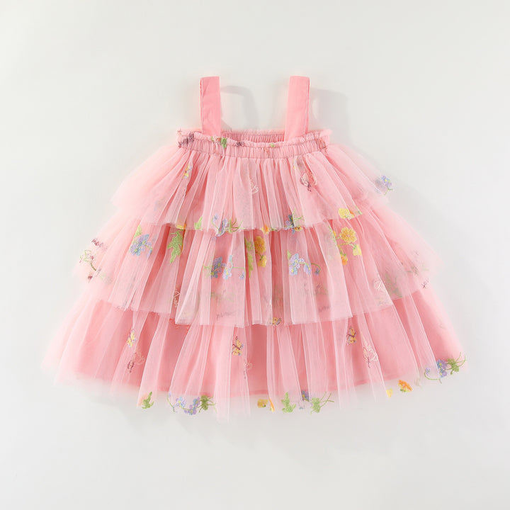 Summer flower embroidered mesh multi-layered tulle dress