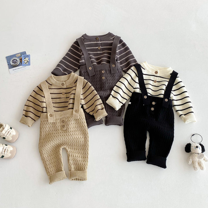 Baby knitted striped sweater&overalls 2PCS suit