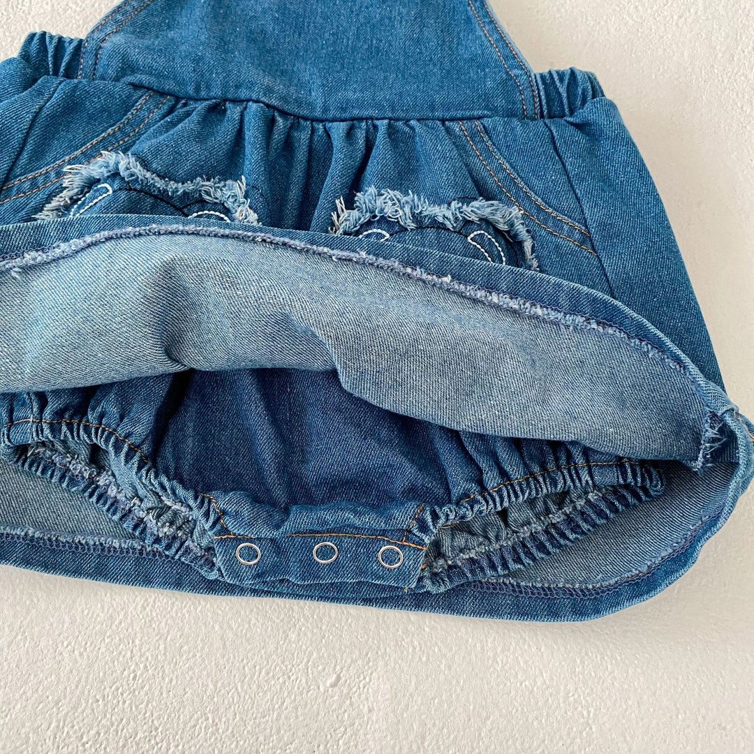 Baby denim Bear patch embroidered overalls skirt&romper