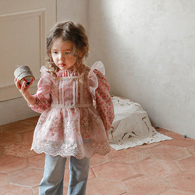 Girls pink lace embroidery apron