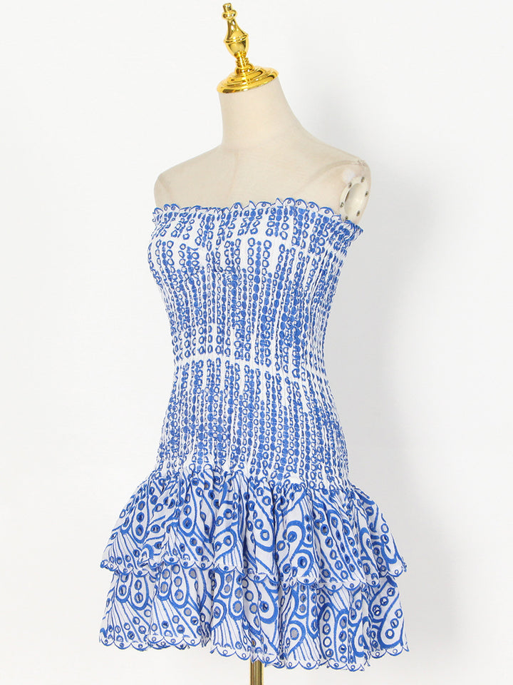Embroidered tube top puffy mini dress
