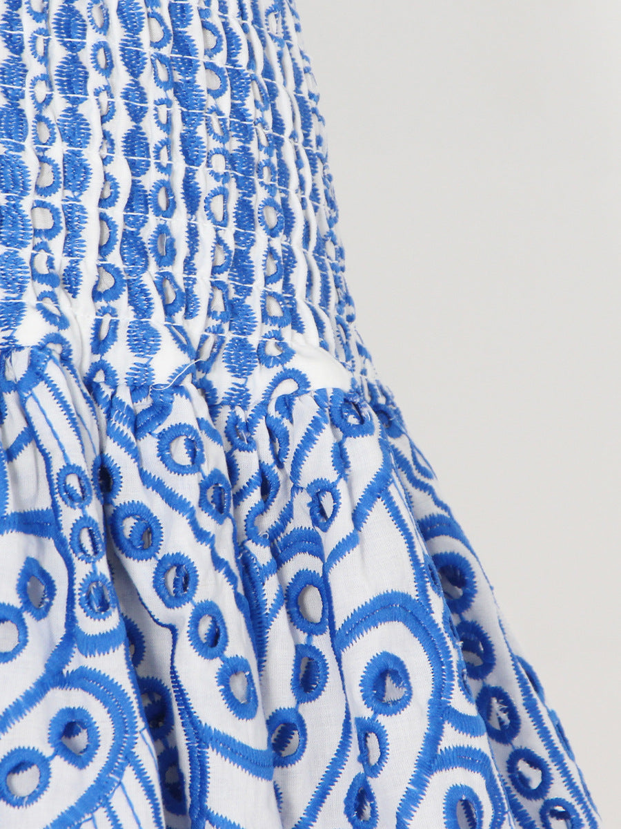 Embroidered tube top puffy mini dress