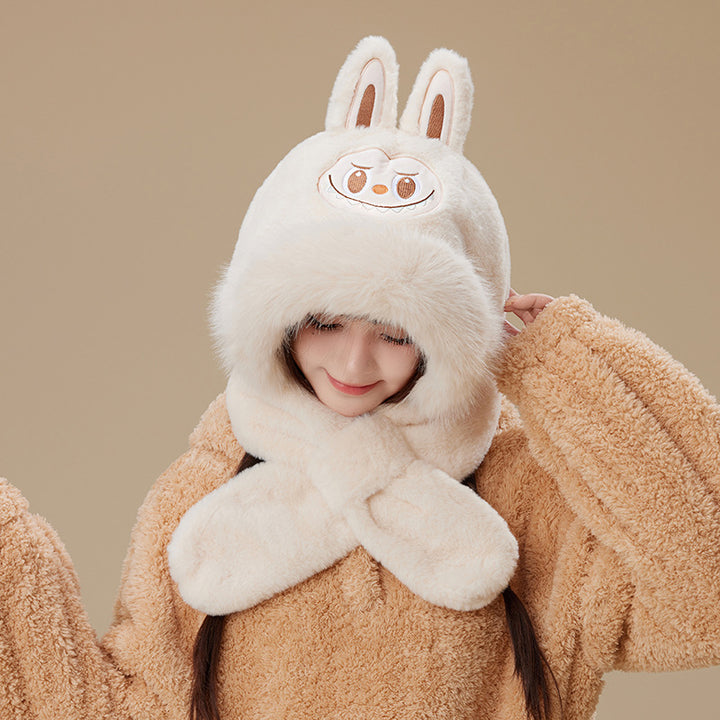 Cute monster winter windproof plush hat scarf gloves all in one