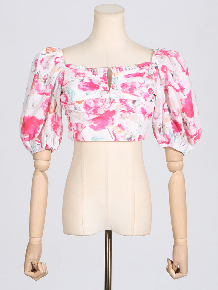 Puff Sleeve crop Top High Waist Swing Skirt Set