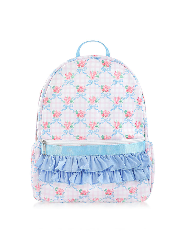 Pink Floral Lightweight Nylon Backpack with Ruffle Decoration
