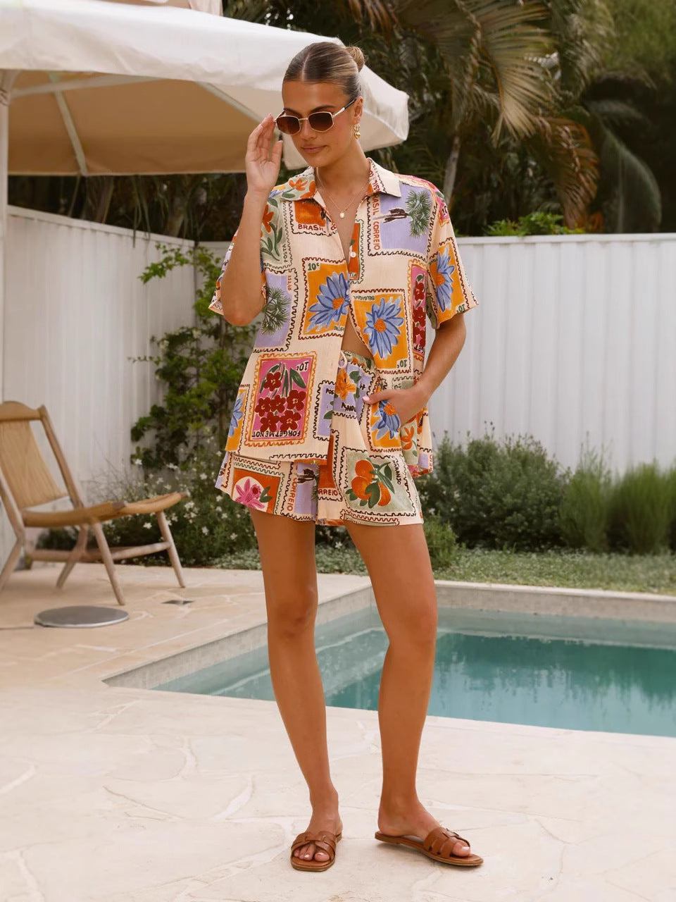 Holiday Style Printed Casual Shirt&Shorts Two-Piece Set