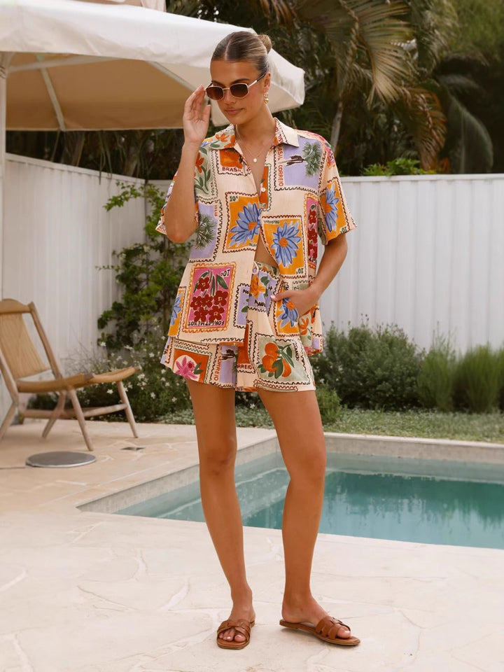 Holiday Style Printed Casual Shirt&Shorts Two-Piece Set