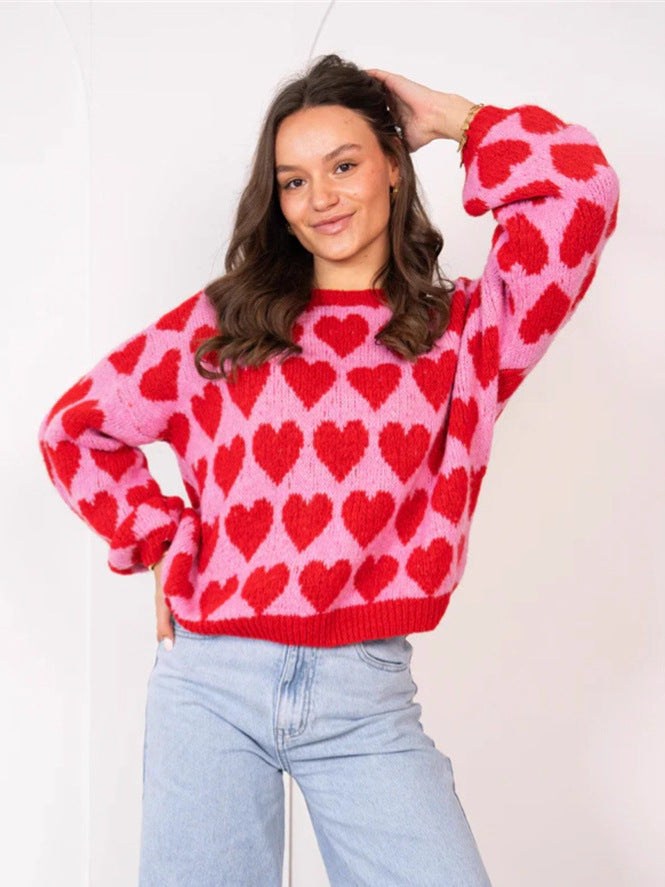 Valentine's Day pink heart jacquard short knitted sweater