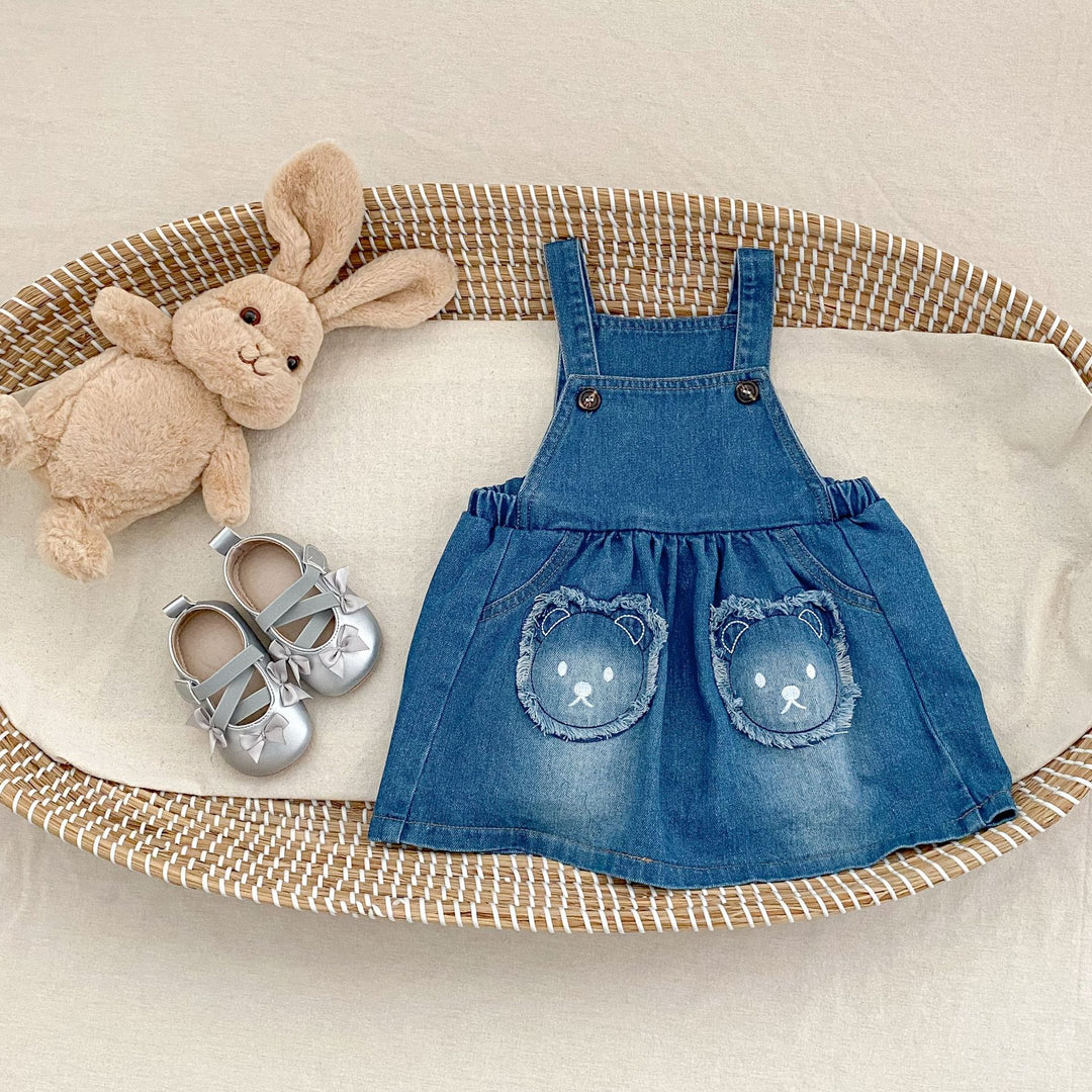 Baby denim Bear patch embroidered overalls skirt&romper