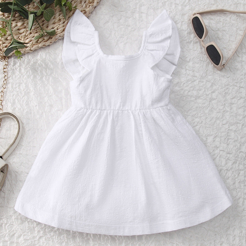 Girls summer cotton and linen button ruffle dress