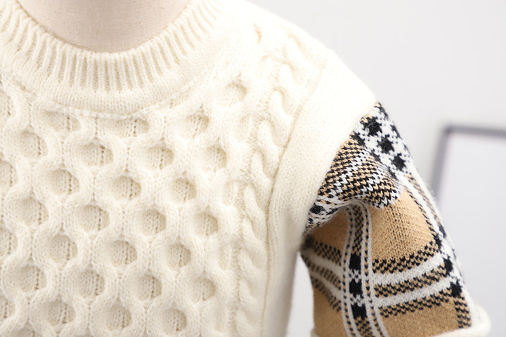 Classic retro plaid splicing cable-knit sweater