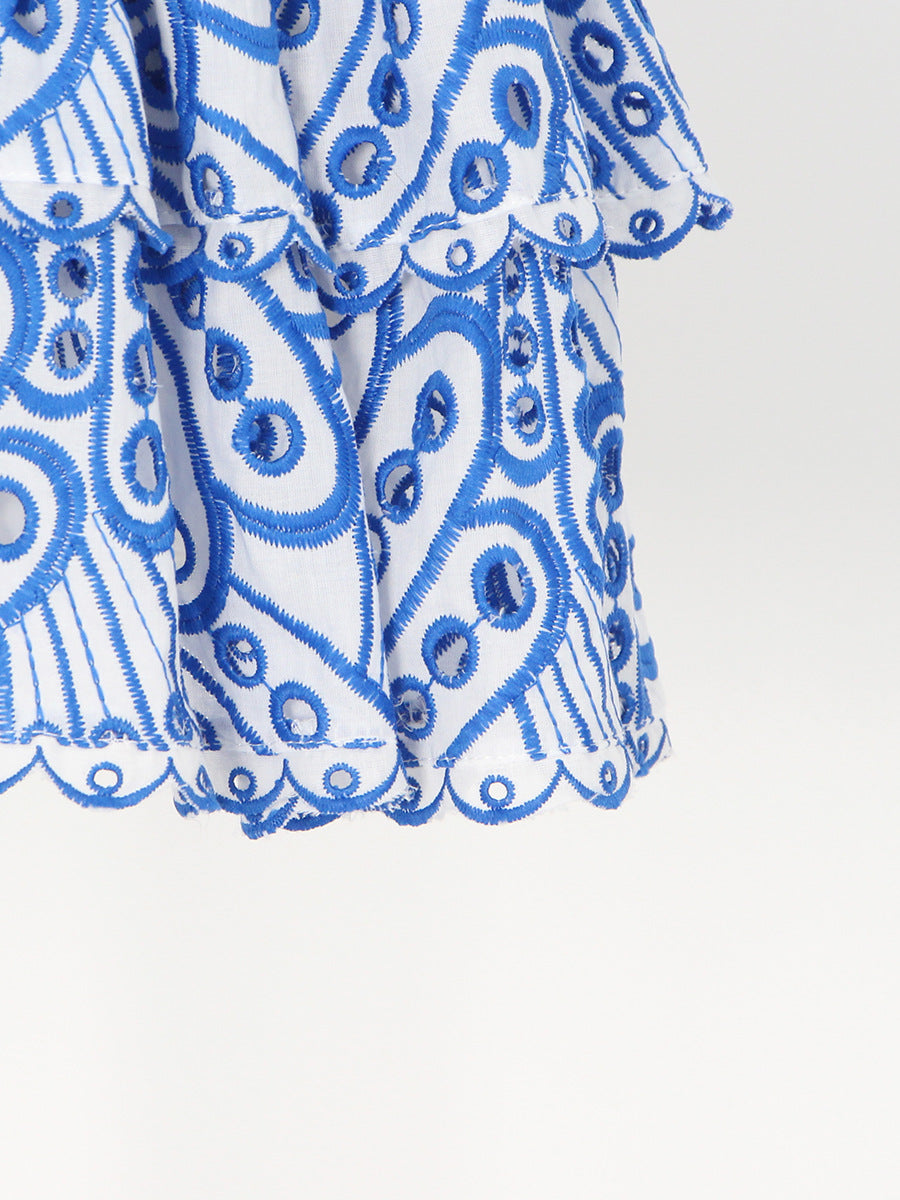 Embroidered tube top puffy mini dress