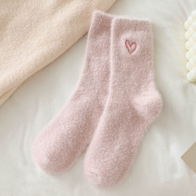 Women's fleece warm mid-calf socks with heart embroidery