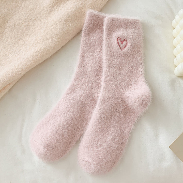 Women's fleece warm mid-calf socks with heart embroidery